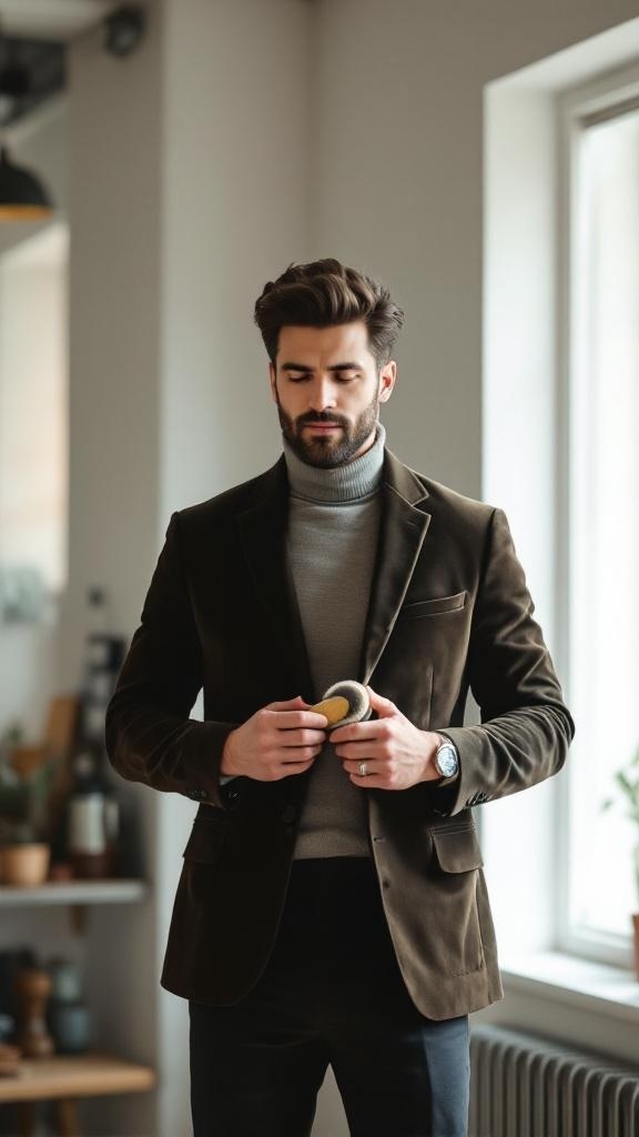 A man in a velvet suit holding a brush, emphasizing the importance of maintenance.