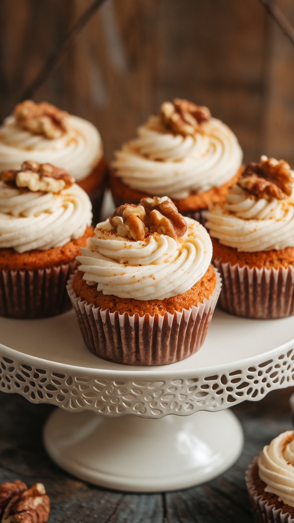 Carrot cake cupcakes topped with cream cheese frosting and walnuts on a decorative stand.