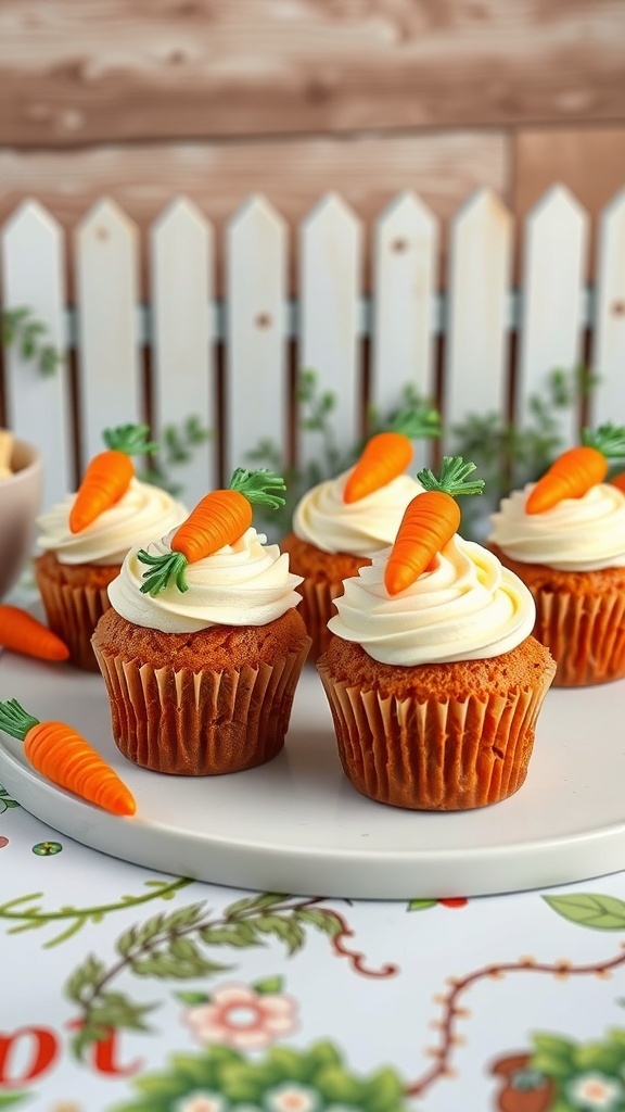 Delicious carrot cake cupcakes with cream cheese frosting decorated with tiny edible carrots, displayed on a white plate.