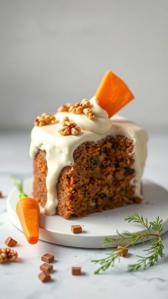 A slice of carrot cake with cream cheese frosting topped with a decorative carrot and walnuts on a white plate.