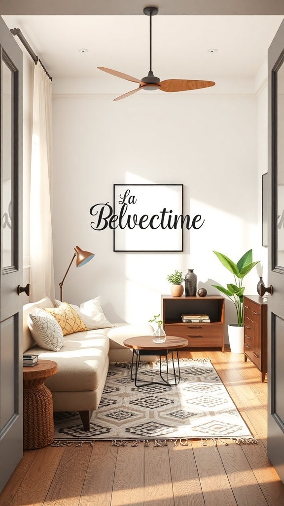 Un acogedor espacio con un cartel que dice 'La Belvectime', decorado con muebles modernos y plantas.