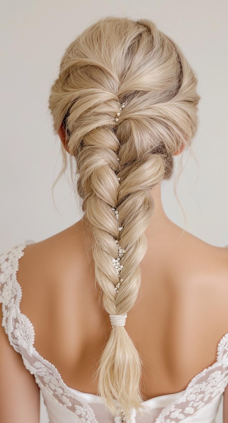 A cascading braid hairstyle with beaded accents, styled elegantly for a bridesmaid.