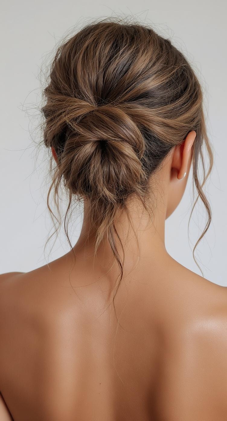 A woman with a cascading bun hairstyle featuring loose waves, showcasing a relaxed yet elegant look.