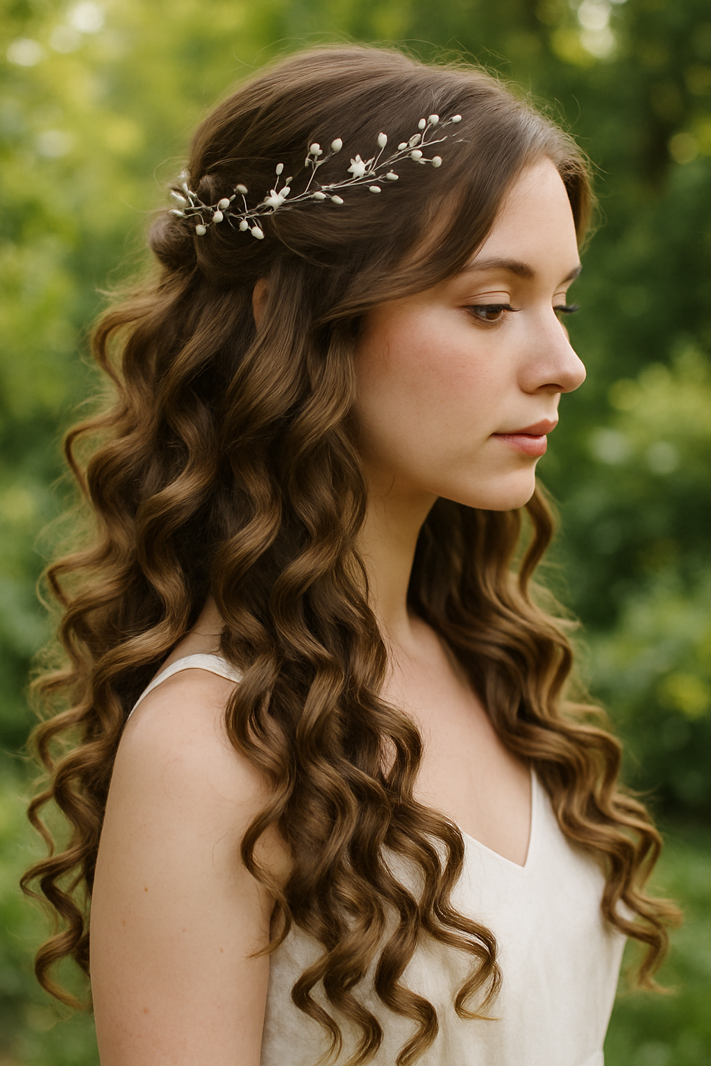 A bride with cascading curls adorned with a delicate hair vine, showcasing a romantic hairstyle against a green background.