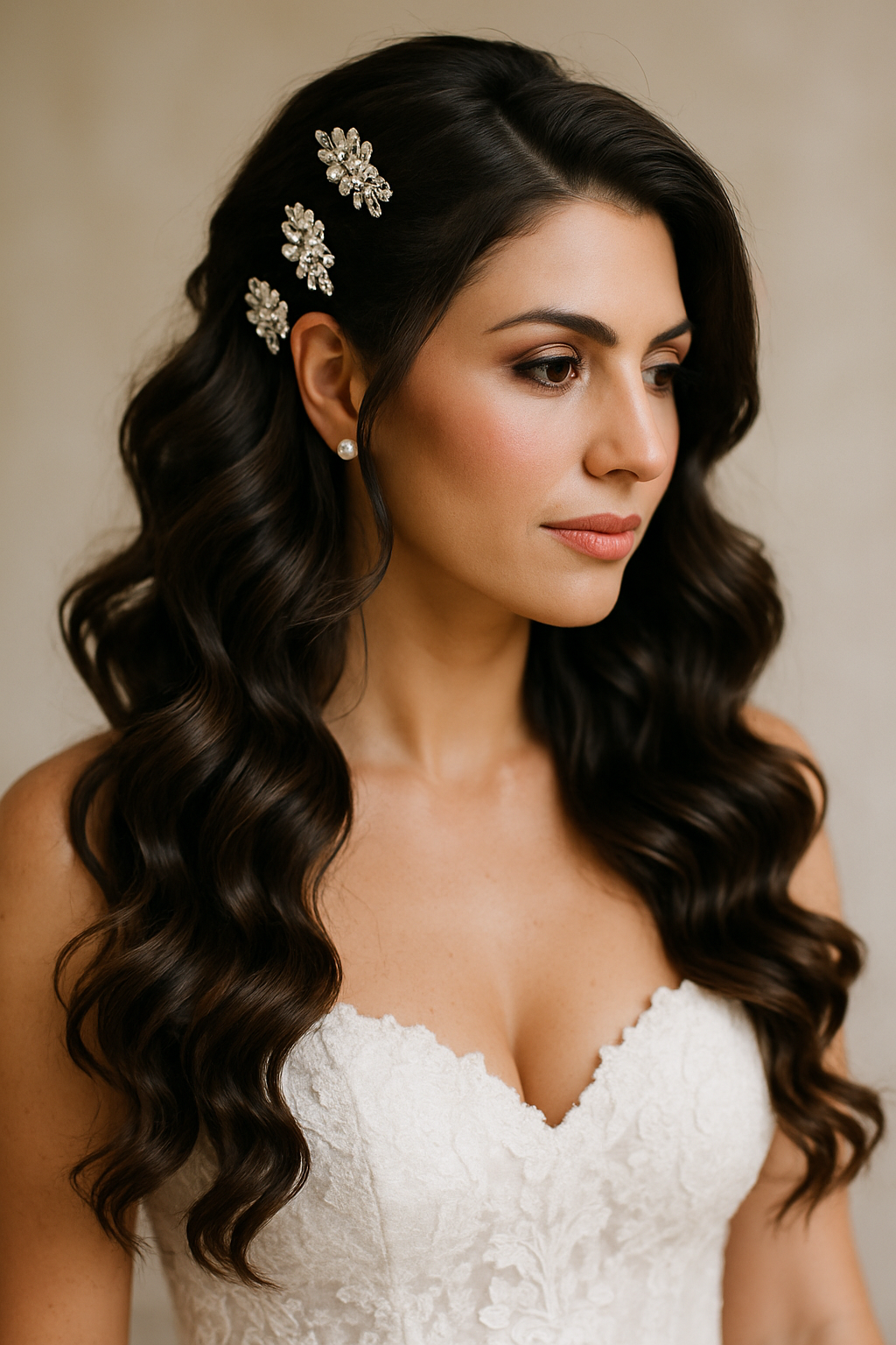 Brunette bride with cascading curls and sparkling hair clips