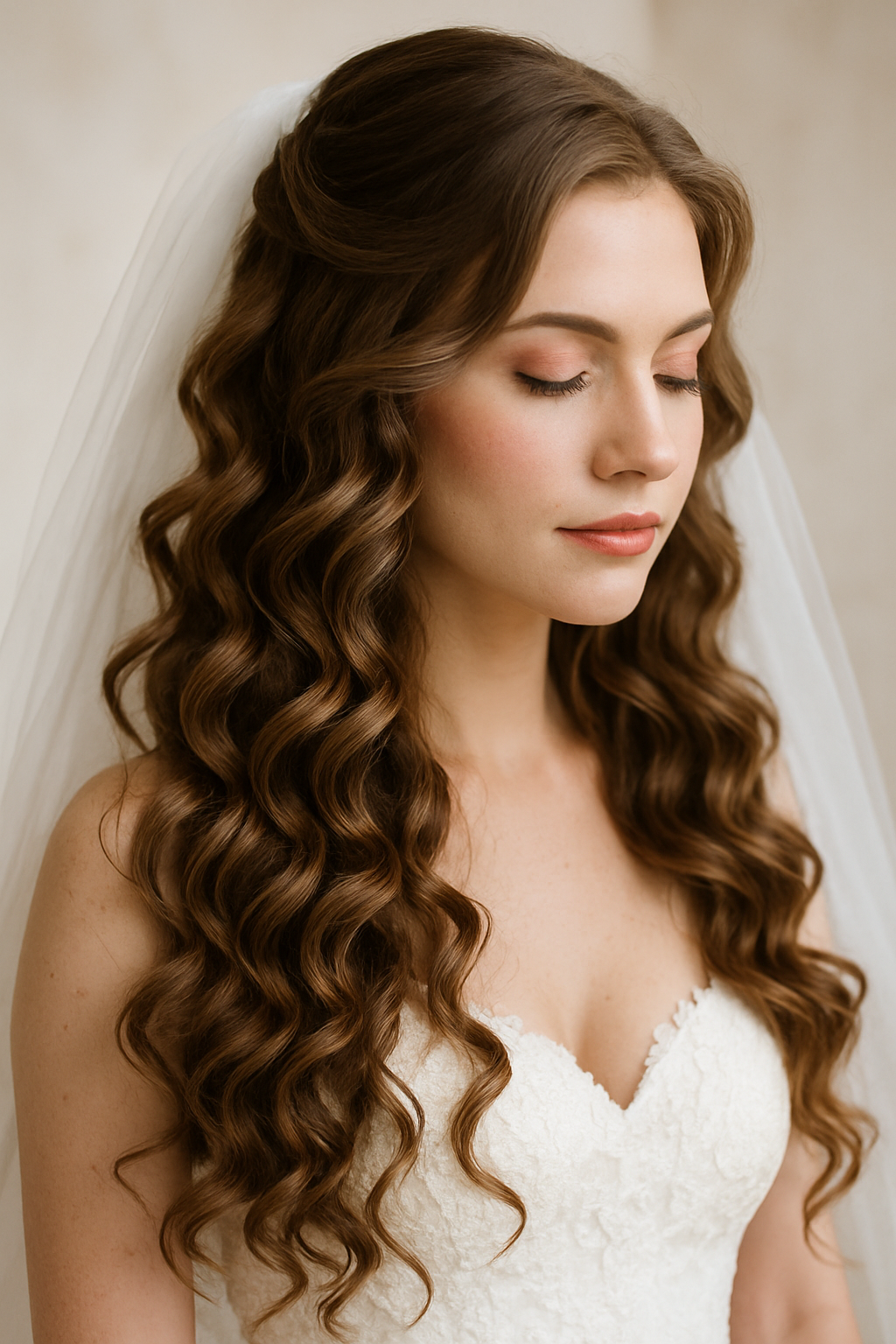 A bride with cascading curls and a veil, showcasing a romantic wedding hairstyle.