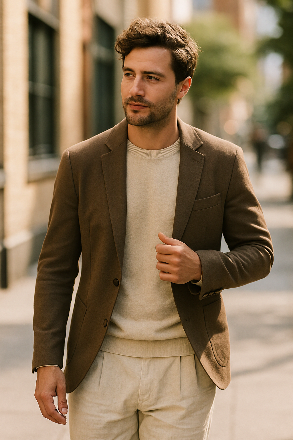 A man in a light-colored outfit, wearing linen pants and a casual top while walking outdoors.