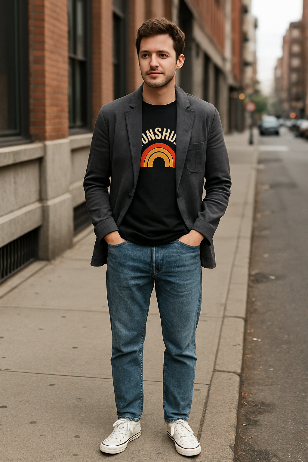 Man wearing a brown blazer over a graphic tee, walking on the street.