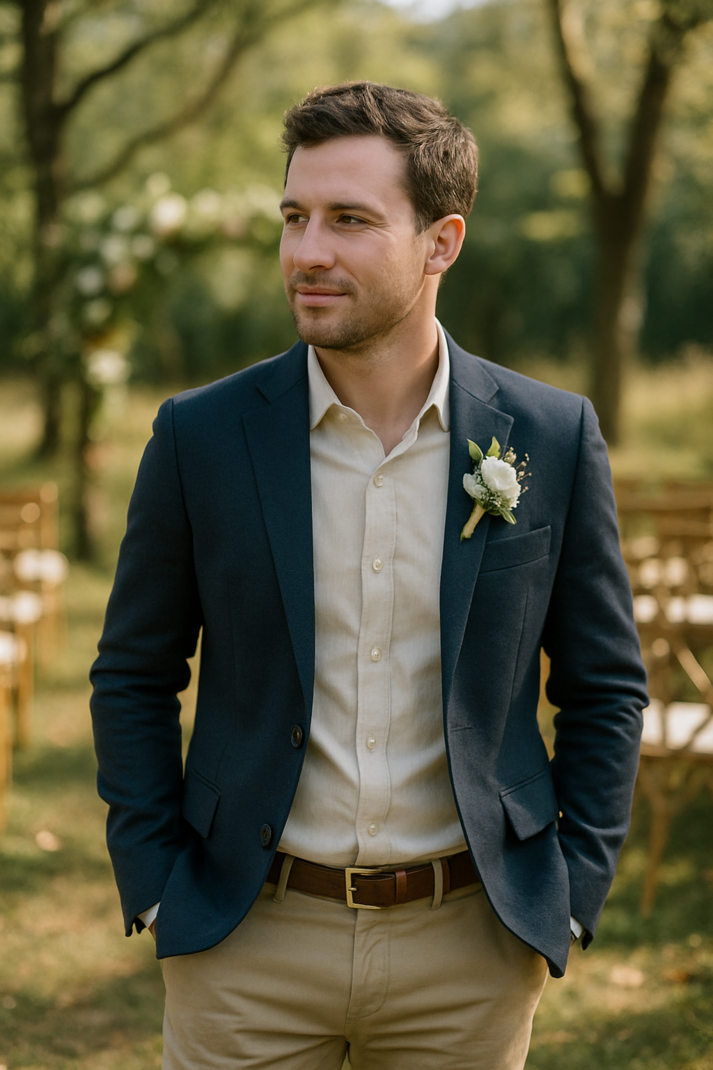 A man in a navy blazer and beige chinos at an outdoor wedding.