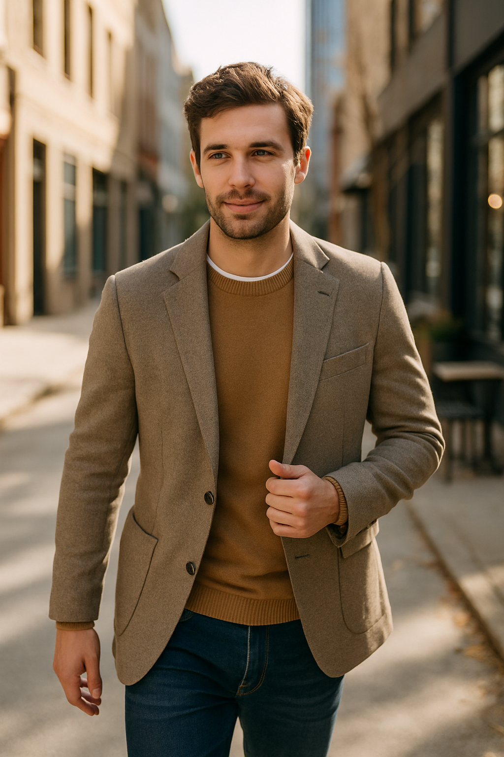 A man in a light brown blazer and sweater walking down a city street.
