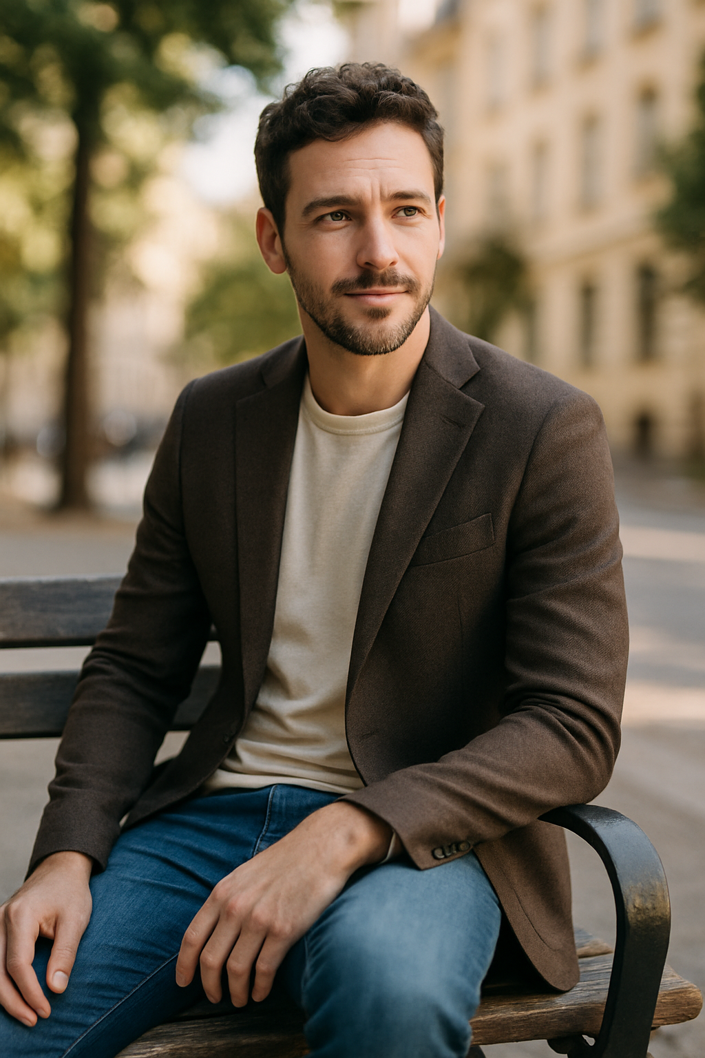 A man wearing a brown blazer and cream t-shirt, sitting on a bench in a casual setting.