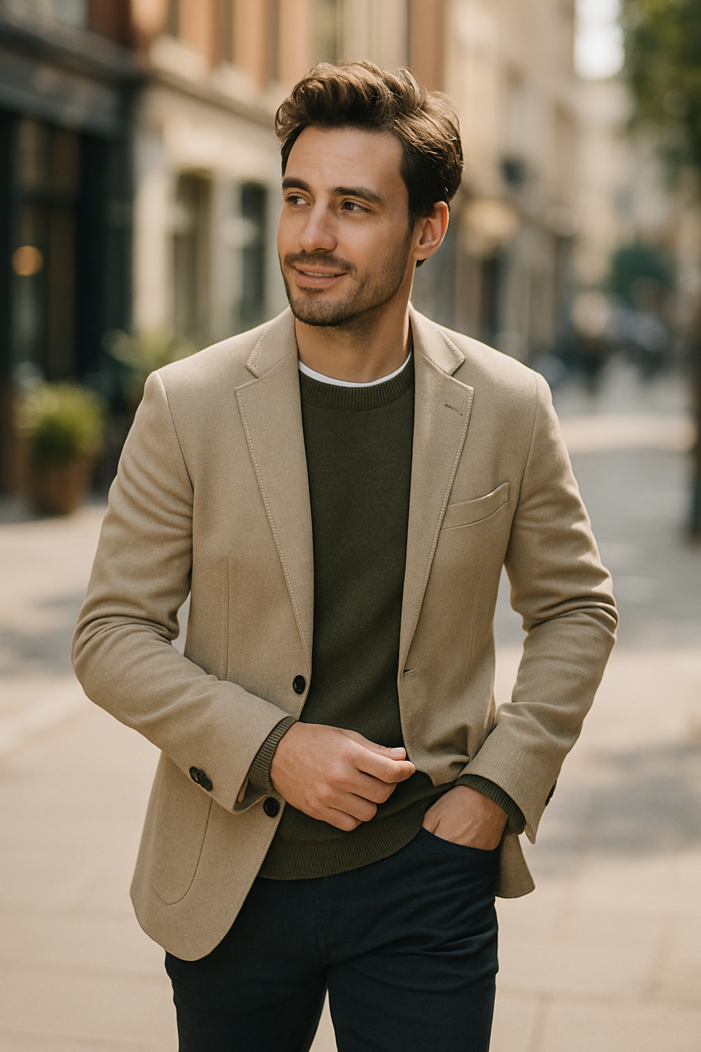 A man wearing a beige linen blazer over an olive green sweater, smiling while walking down a city street.