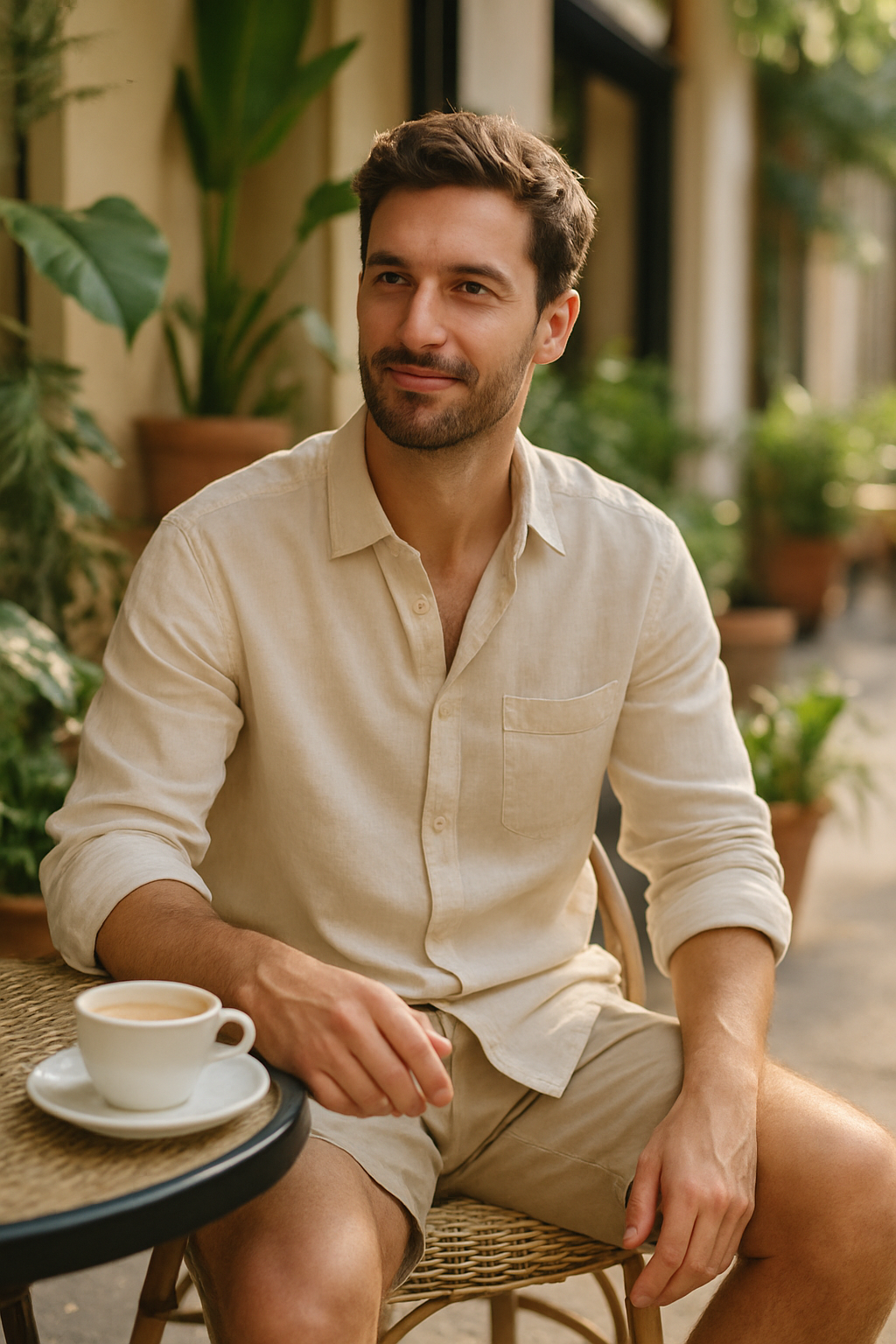 A man sitting at a café wearing a light button-up shirt and shorts, enjoying coffee.