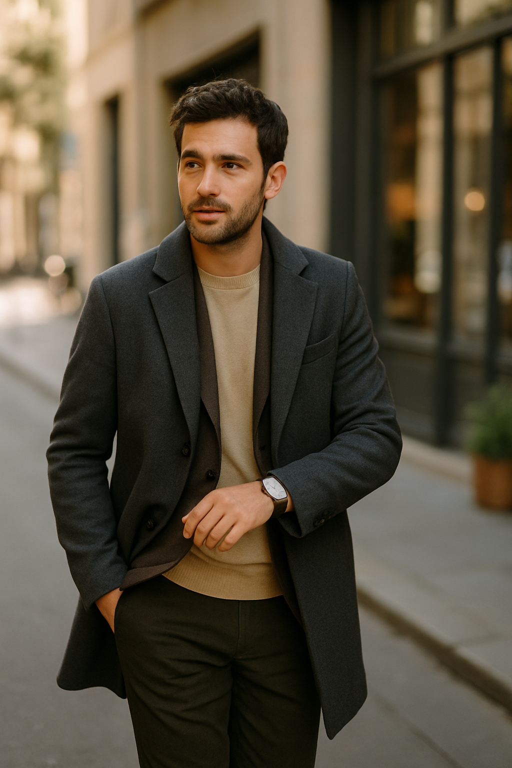 A man wearing a casual button-up shirt with short sleeves, walking down a city street.