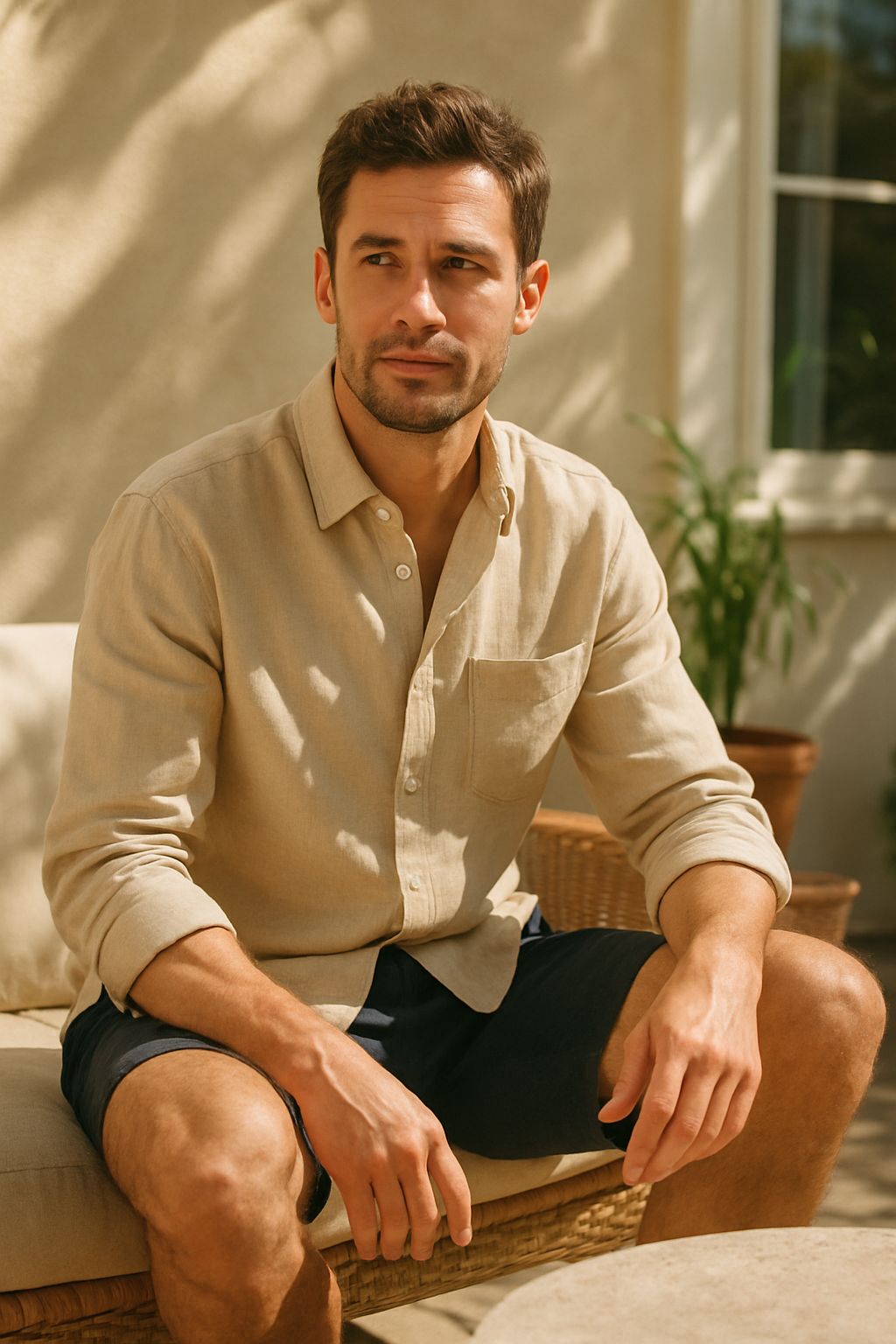 A man seated outdoors in a beige button-up shirt and navy shorts, looking thoughtful.
