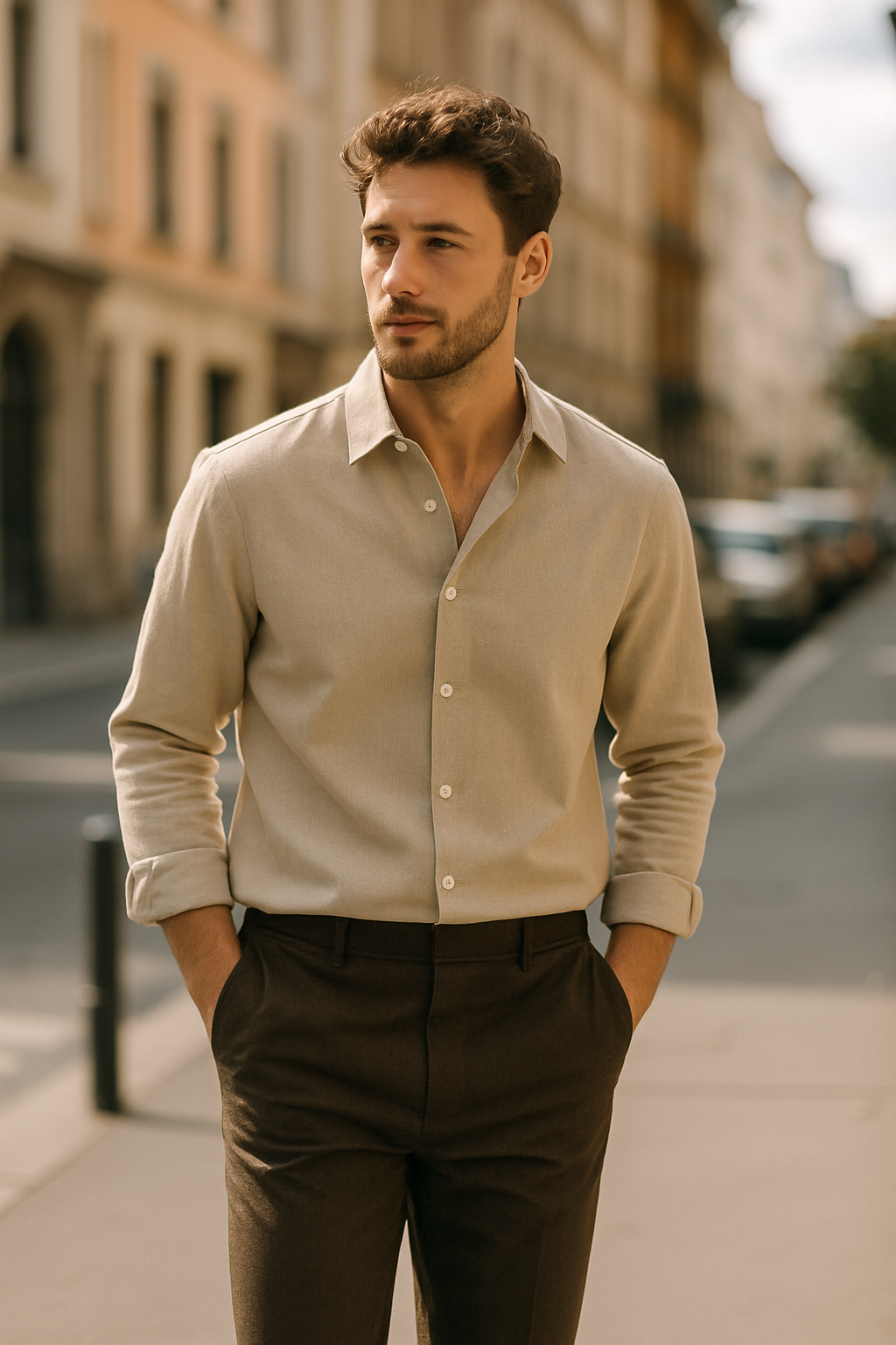 A man wearing a light beige button-up shirt and brown trousers, standing casually on a city street.