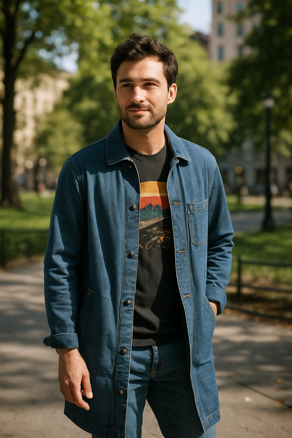 A man wearing a long denim coat over a black t-shirt and denim pants, smiling in a park.
