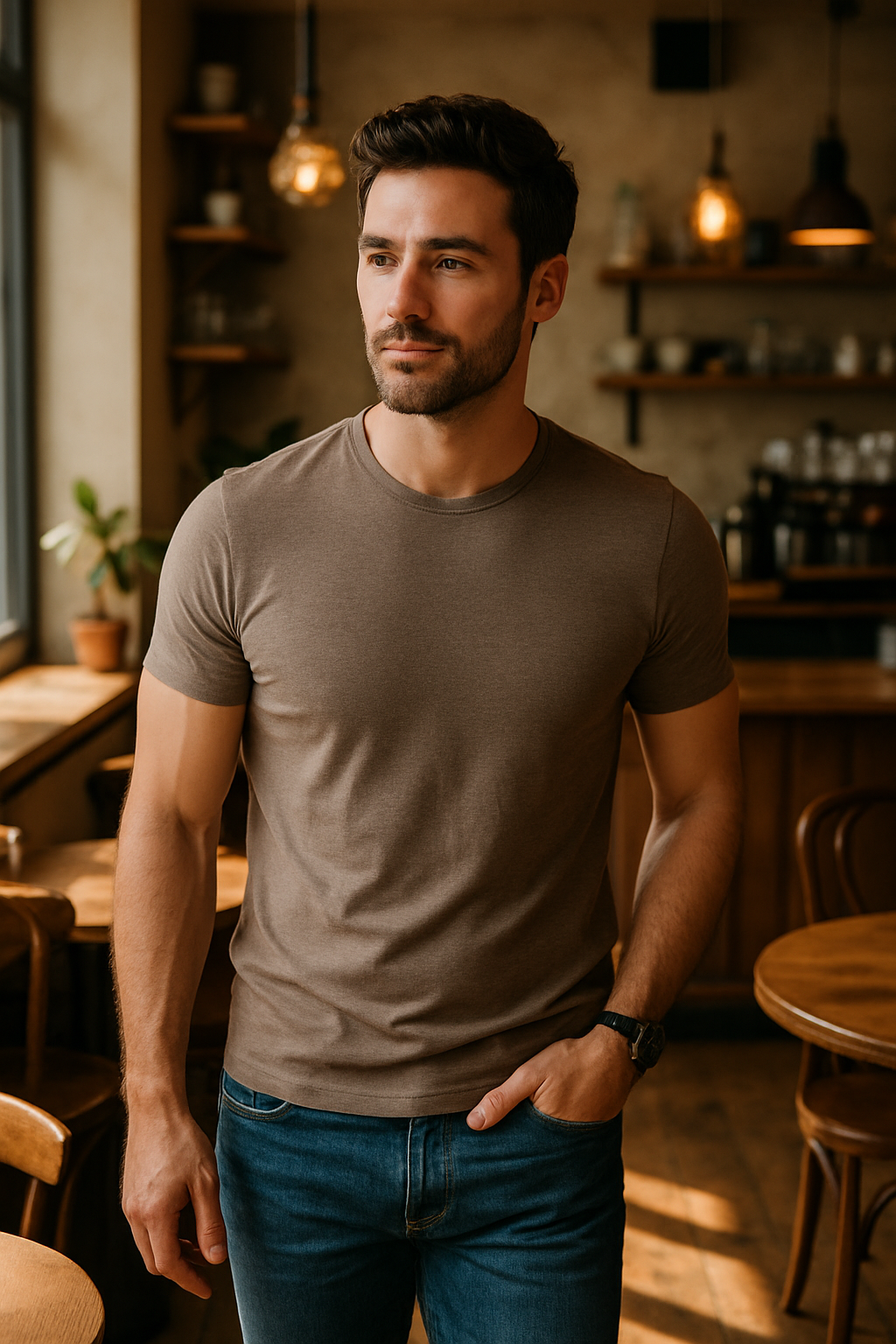 A man in a brown short-sleeved t-shirt and blue jeans, standing in a cozy cafe with wooden decor.