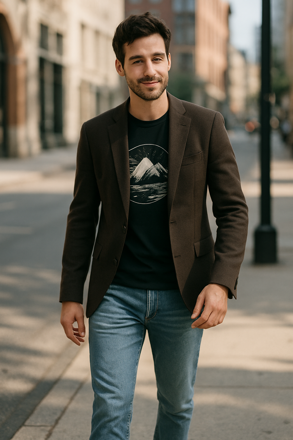 A man walking in a city wearing a brown blazer over a black graphic tee and light blue jeans.