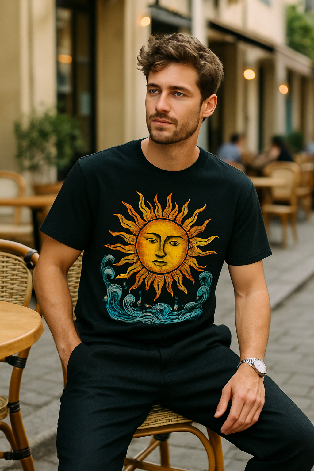A man wearing a graphic tee featuring a sun design, paired with black linen pants, sitting at a cafe