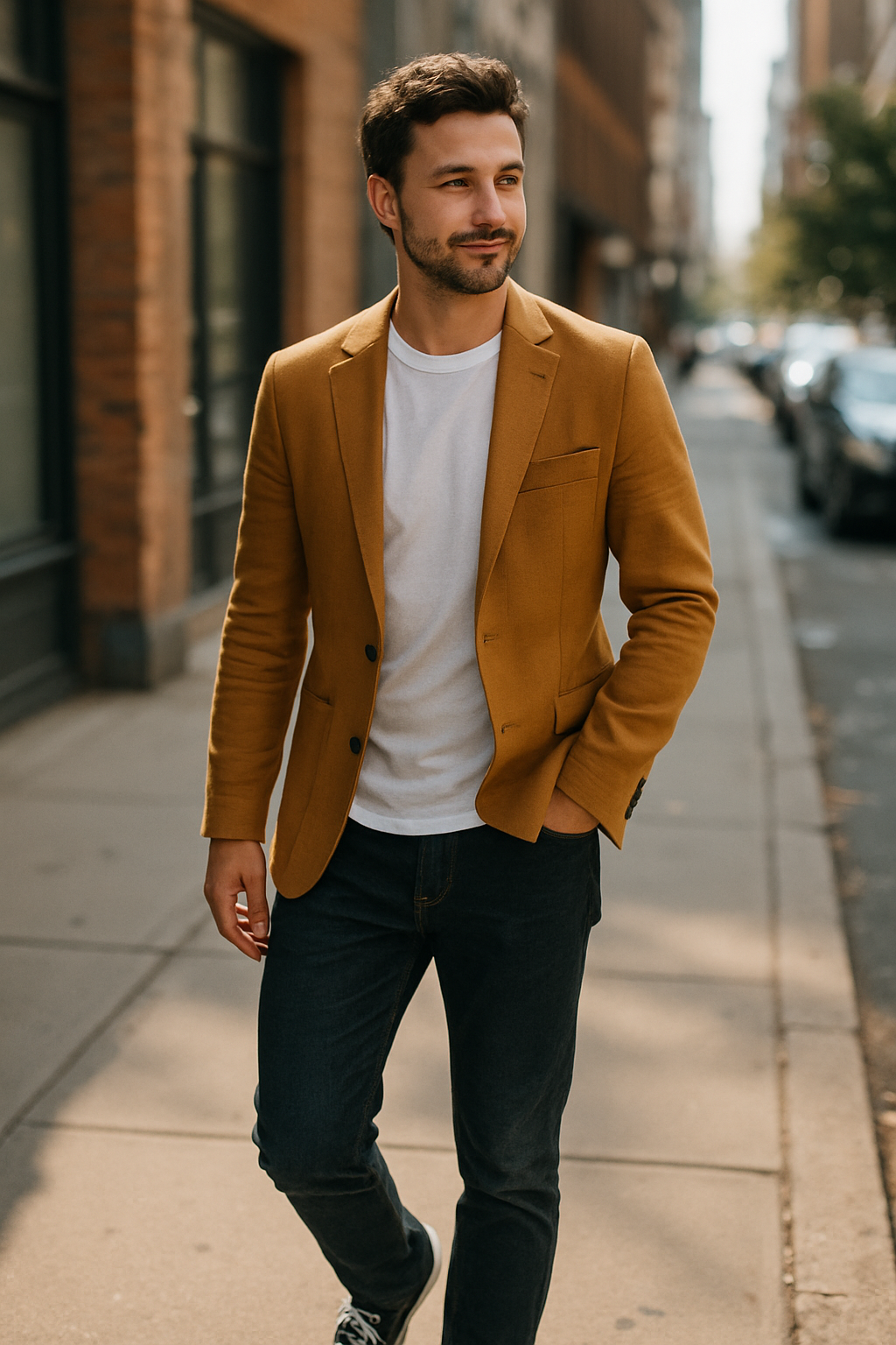 A man walking in a city wearing a mustard blazer over a white t-shirt and dark jeans.