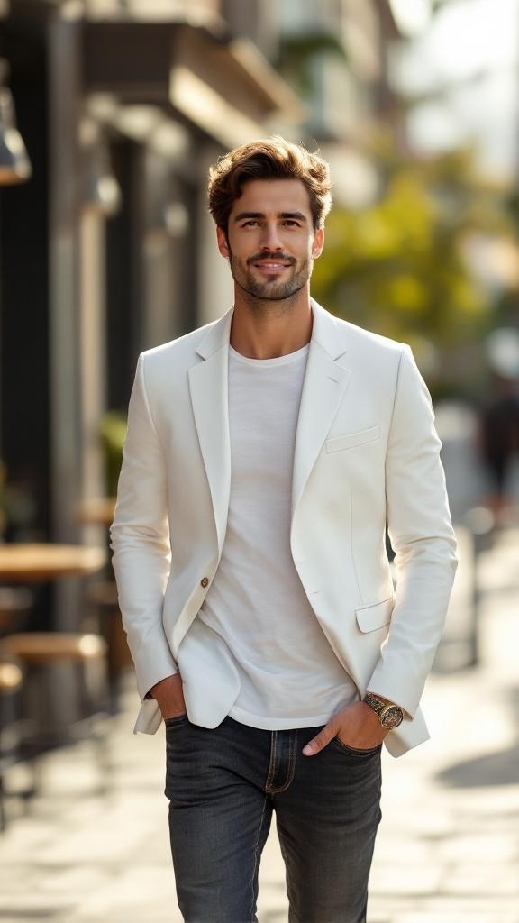 A man walking confidently in a white blazer, white t-shirt, and dark jeans.
