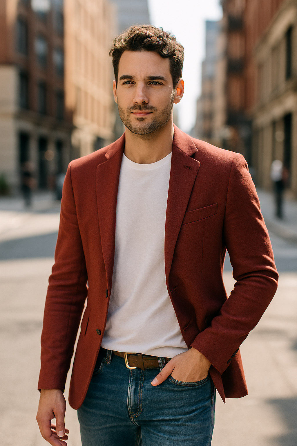 A man wearing a red blazer over a white t-shirt, paired with blue jeans, standing on a city street.