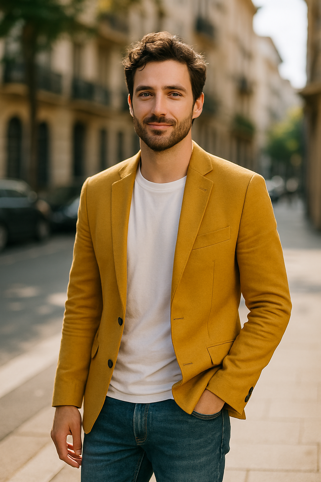 A man wearing a yellow blazer over a white t-shirt and jeans, smiling in a city street.