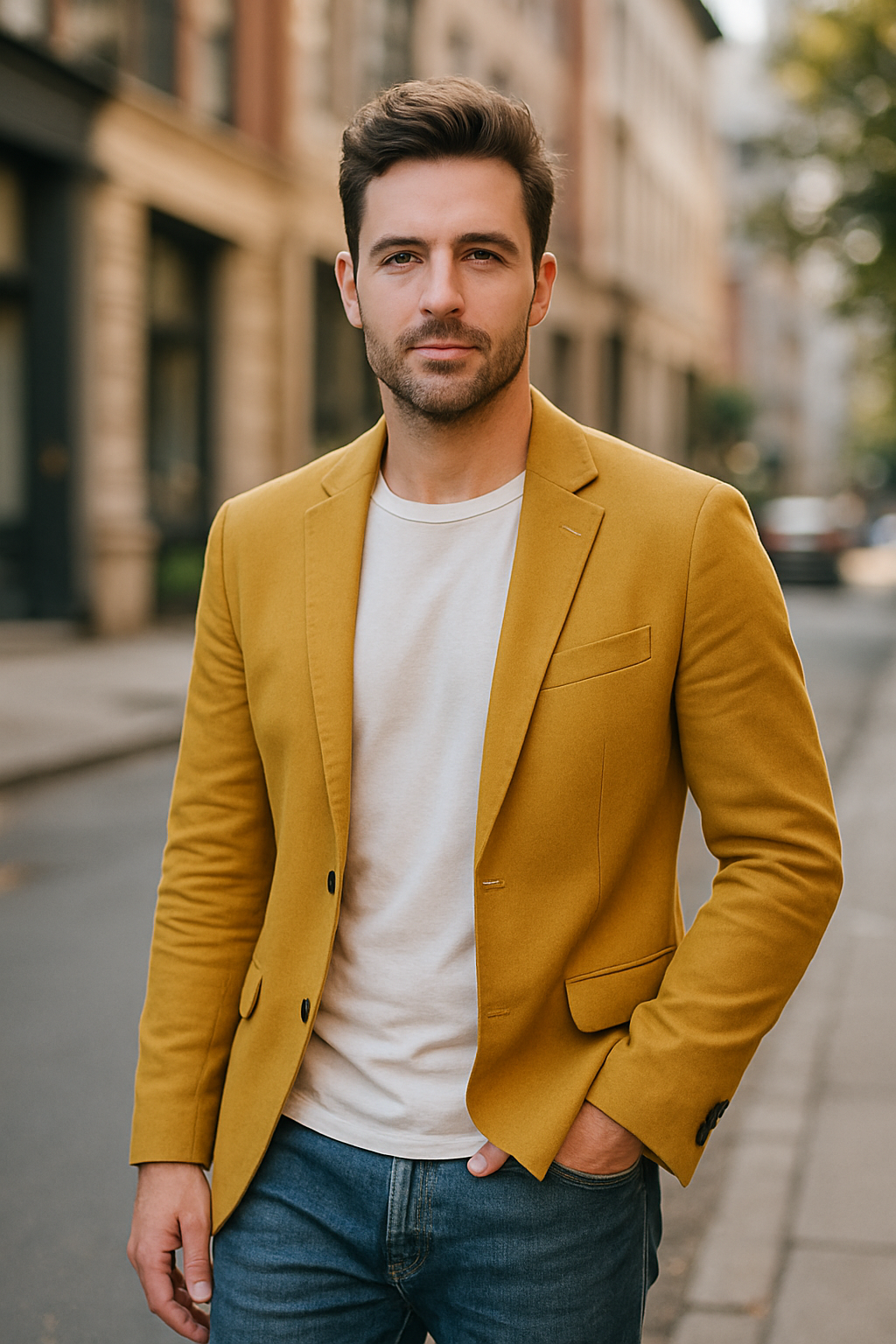 Man wearing a yellow blazer over a white t-shirt, standing on a city street.