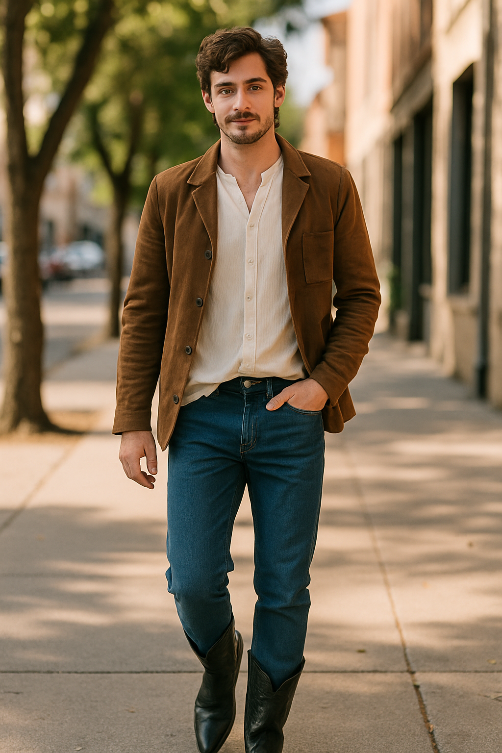 A man wearing a brown jacket, light shirt, and blue jeans paired with black cowboy boots, walking on a sunny street.