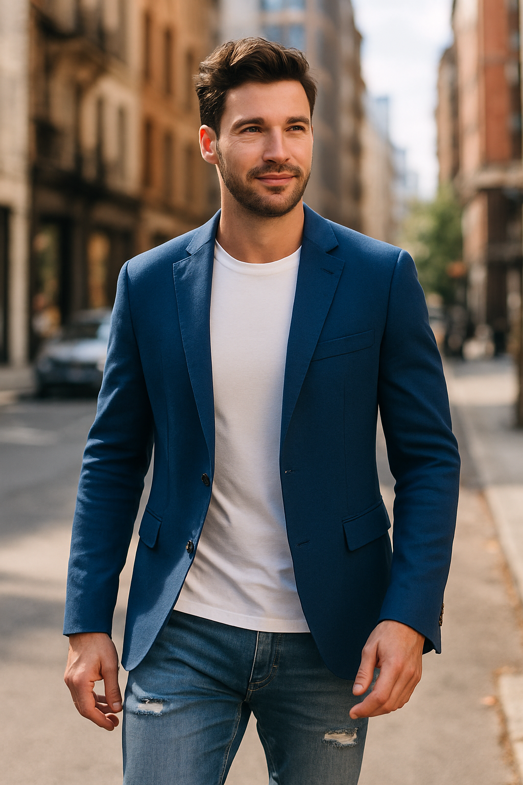 Man wearing a royal blue blazer with a white t-shirt and denim jeans, walking in the street.