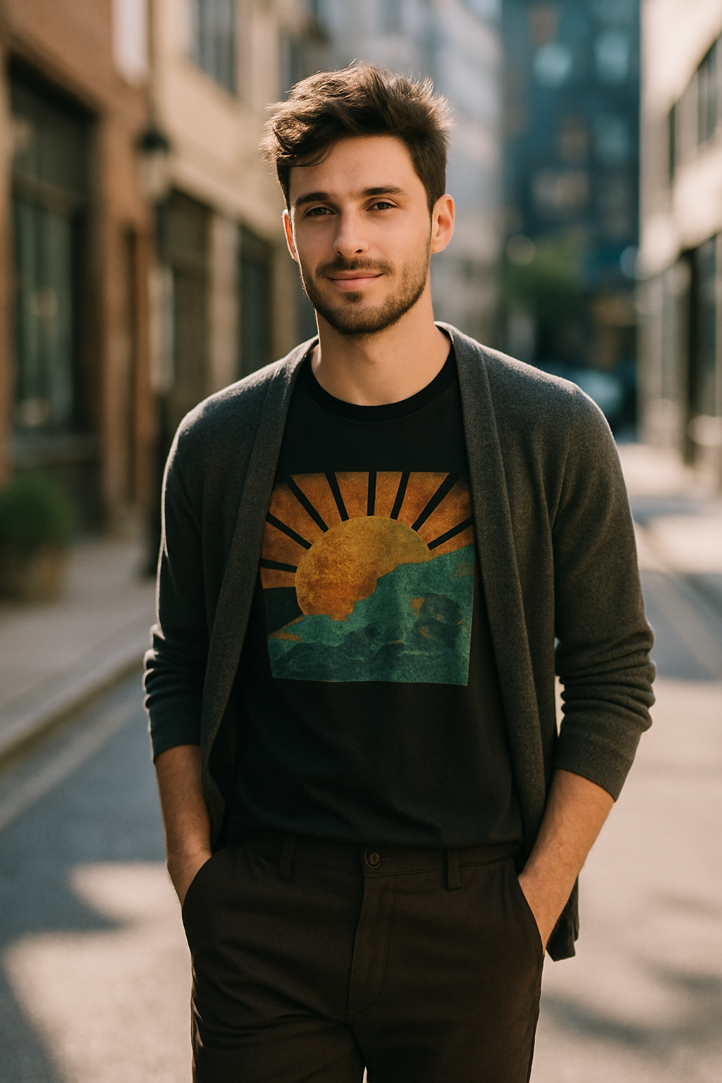 A man wearing a graphic tee with a sun and mountain design, paired with dark trousers and a cardigan, standing in a city street.