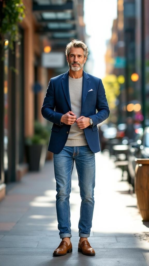 A man wearing a blue blazer, light sweater, and jeans, standing on a city street.