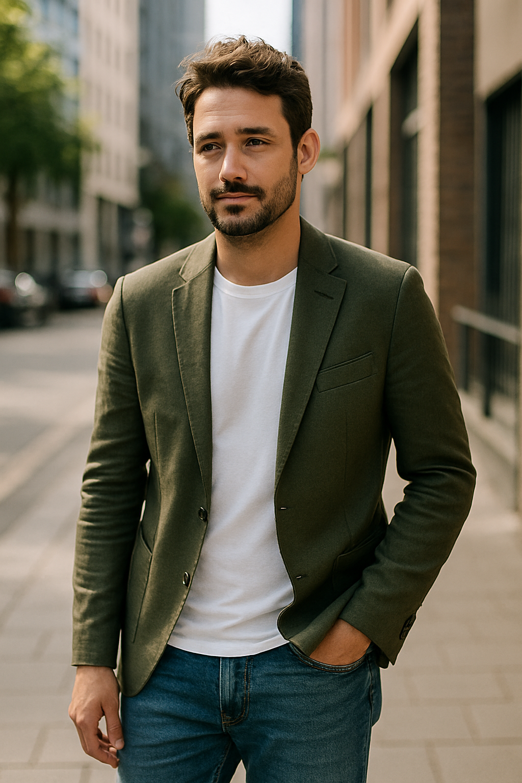 A man wearing an olive blazer over a white t-shirt and jeans, standing on a city street.