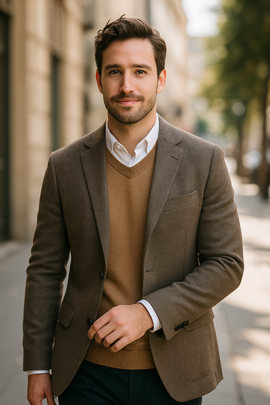 A man in a casual crewneck sweater layered under a blazer, walking outdoors.