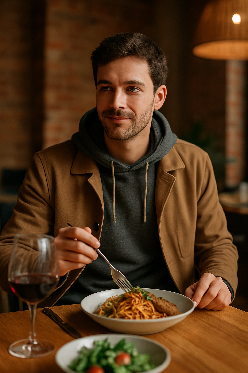A man enjoying a meal in a cozy restaurant, wearing a gray hoodie and brown jacket.