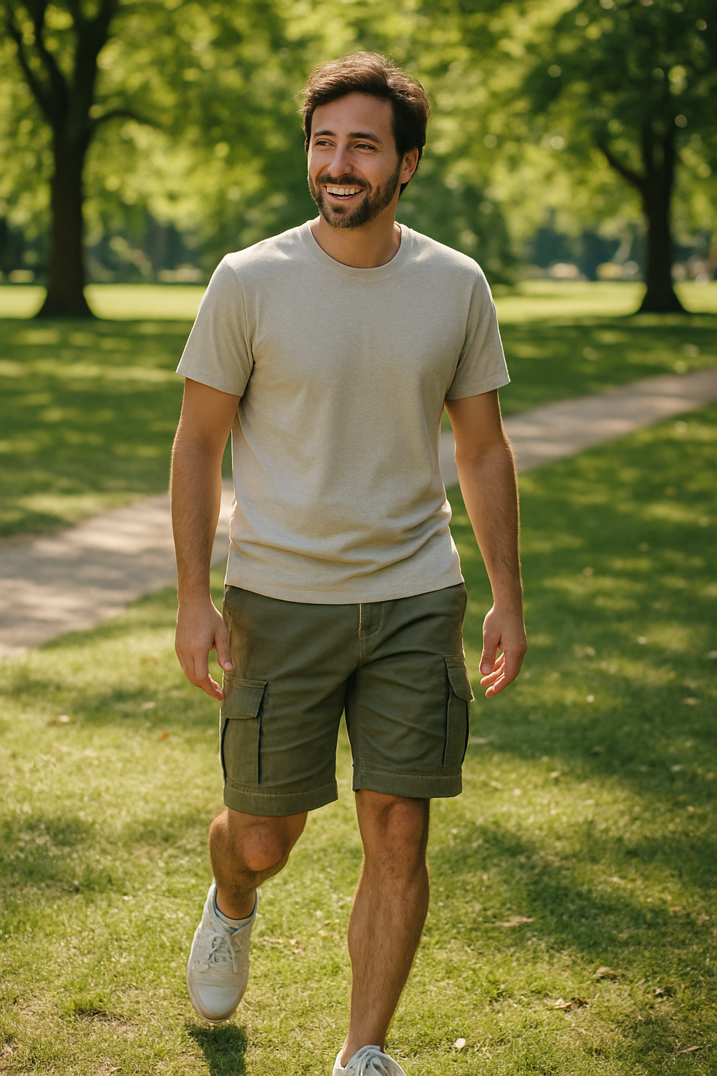 A man walking in a park wearing a casual outfit with cargo shorts and a t-shirt.