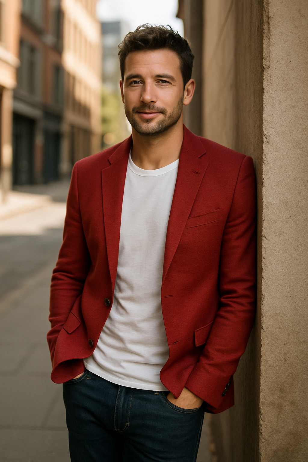 A man in a red blazer, white t-shirt, and dark jeans, leaning against a wall in a city.