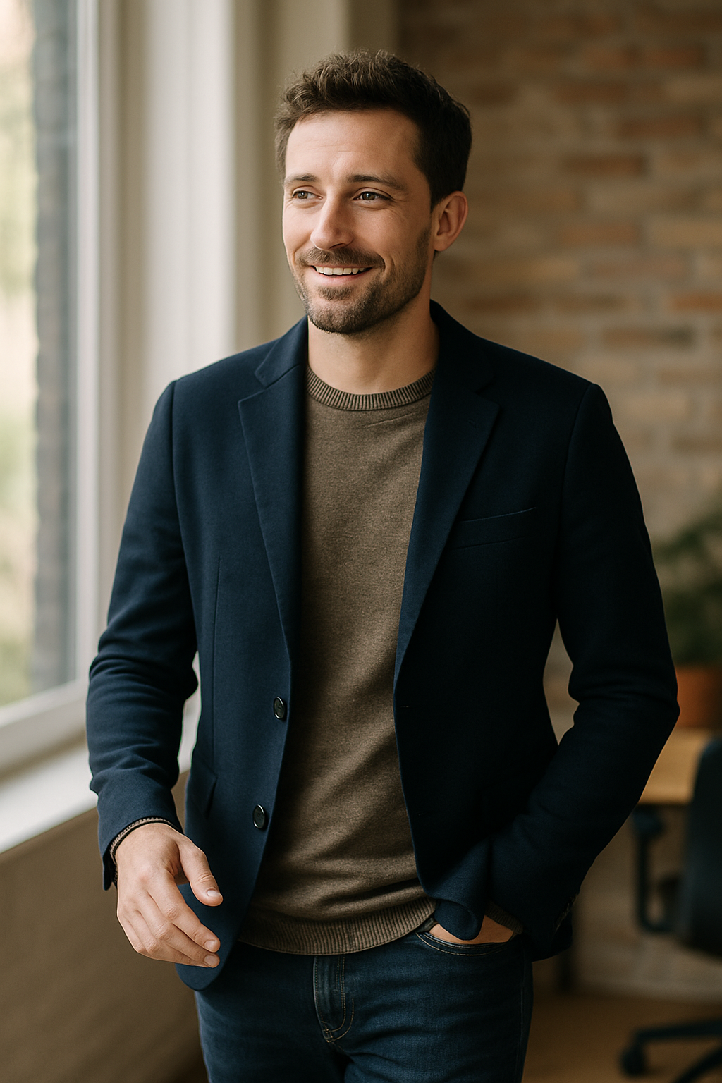 A man wearing a navy blue blazer over a brown sweater and slim fit jeans, smiling in an office setting.