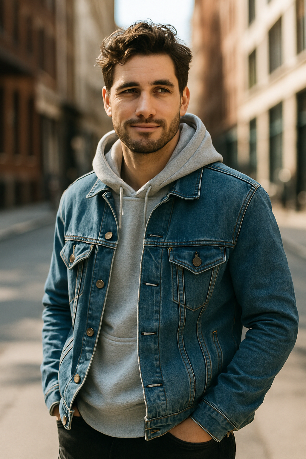A man wearing a denim jacket over a gray hoodie, standing on a city street.