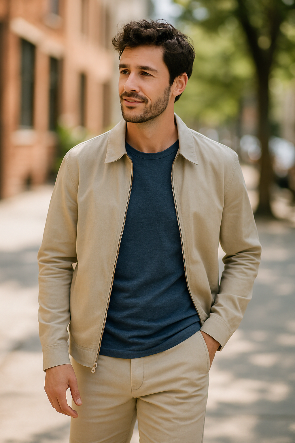 A man wearing a lightweight beige jacket with a navy blue t-shirt, standing outdoors in a city street.