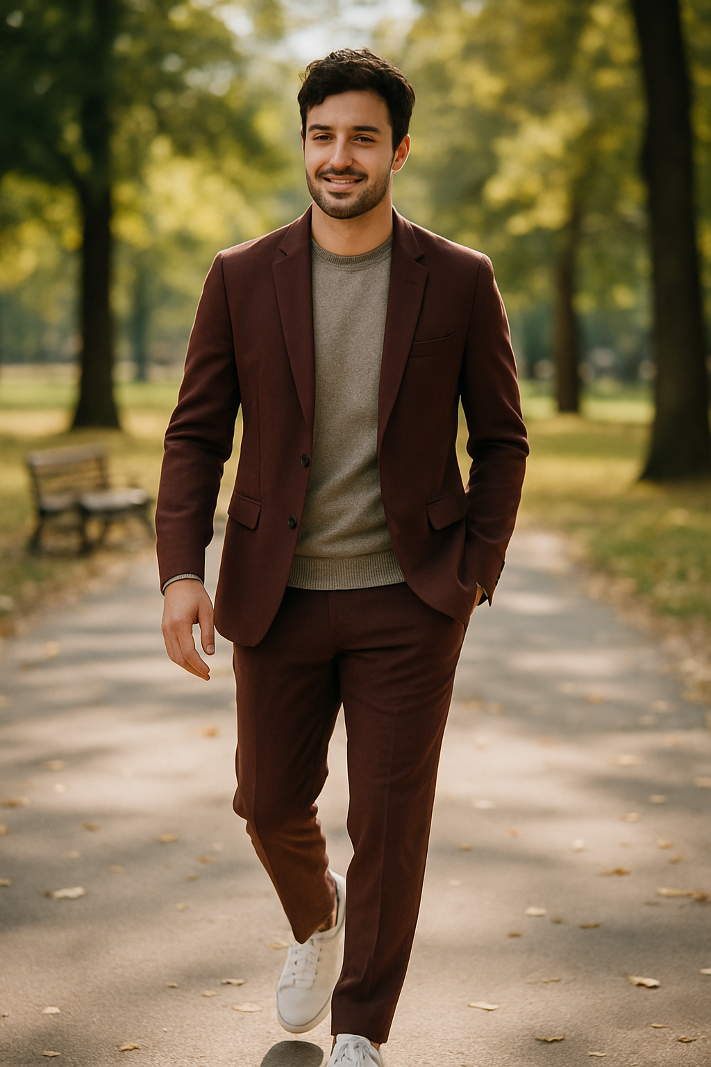 A man wearing a burgundy suit with a light sweater and white sneakers, walking in a park.