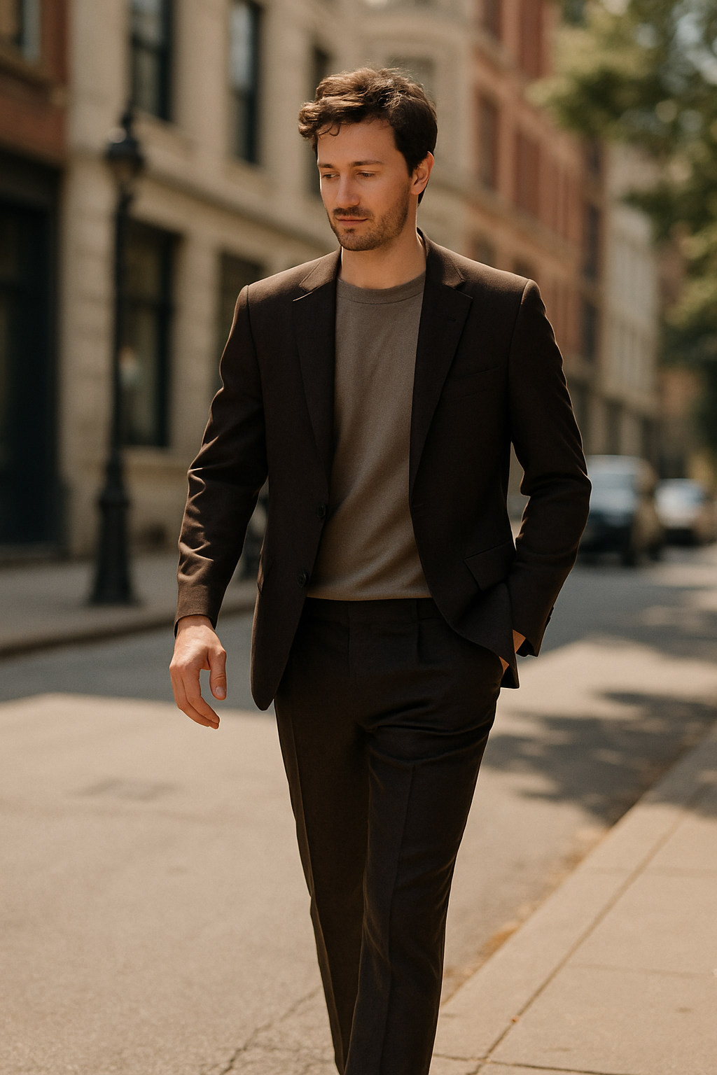 A man in a dark brown suit walking casually down a city street.