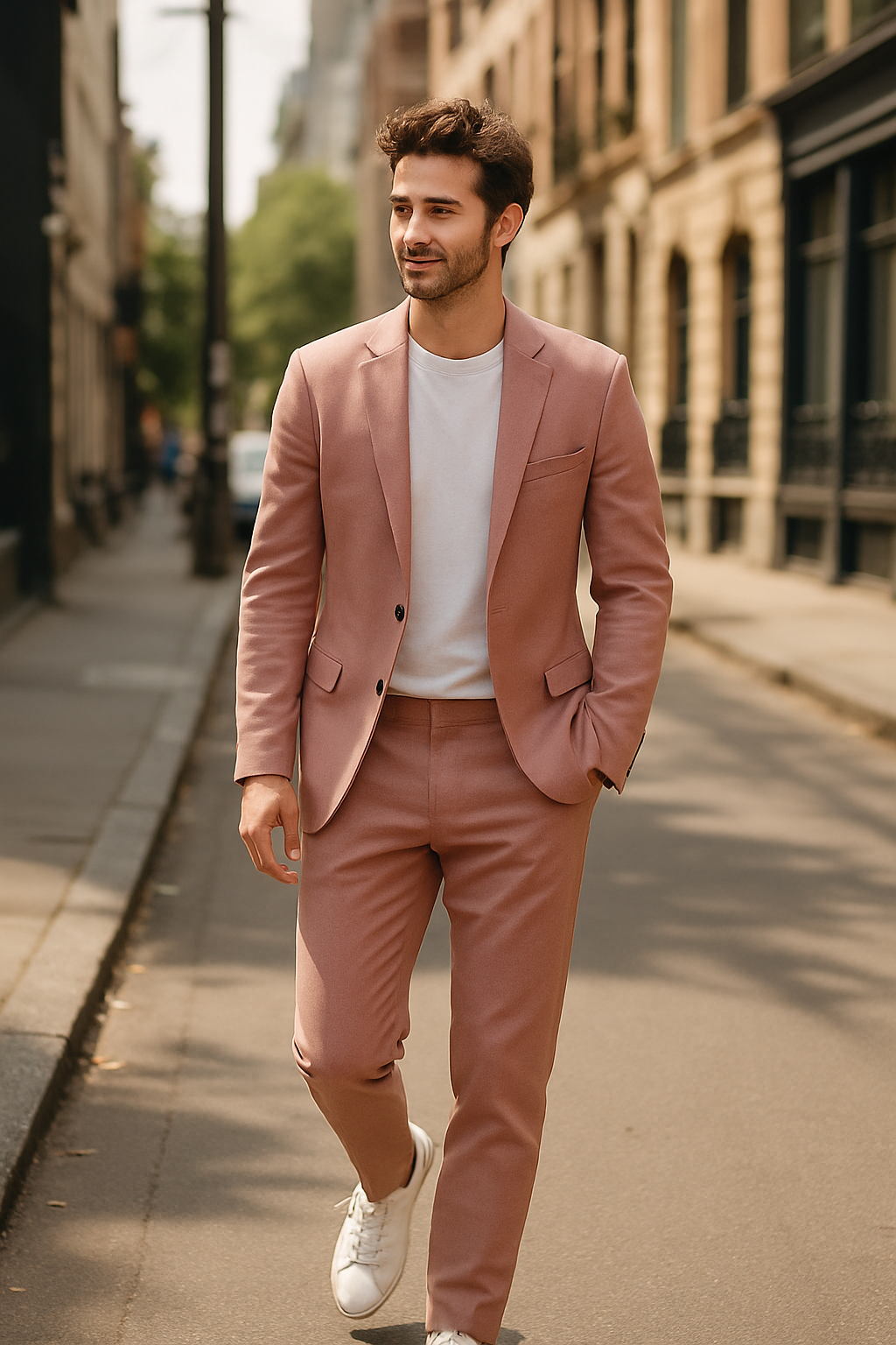 A man wearing a light pink suit and white sneakers walking casually on a city street.