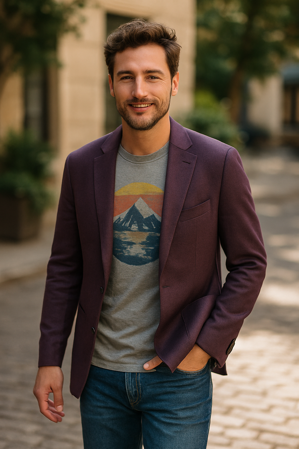 A man wearing a purple blazer over a graphic t-shirt, standing casually outdoors.