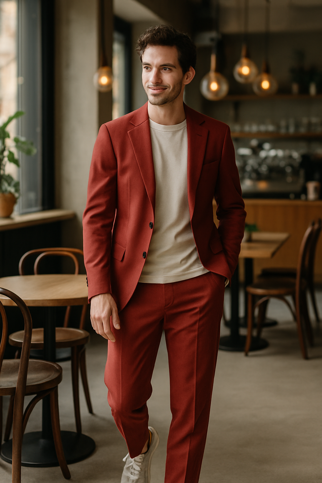 A man wearing a red suit with a light t-shirt and sneakers, walking in a cafe.