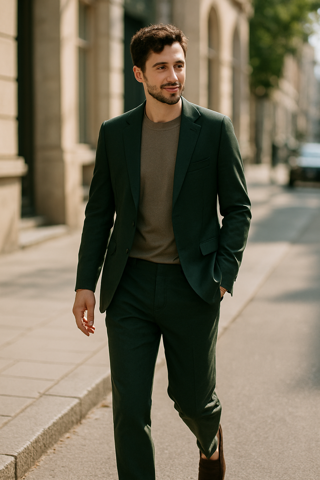 A man wearing a dark green suit and brown top walking on the street.