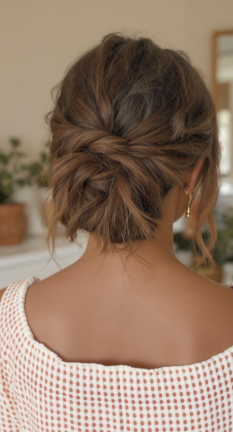 A casual low twist hairstyle for bridesmaids, featuring a relaxed and elegant look.
