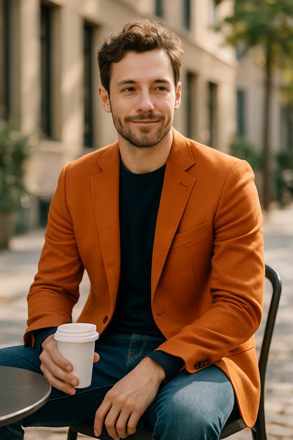 A man wearing a casual orange blazer over a dark sweater, sitting outdoors with a coffee cup.