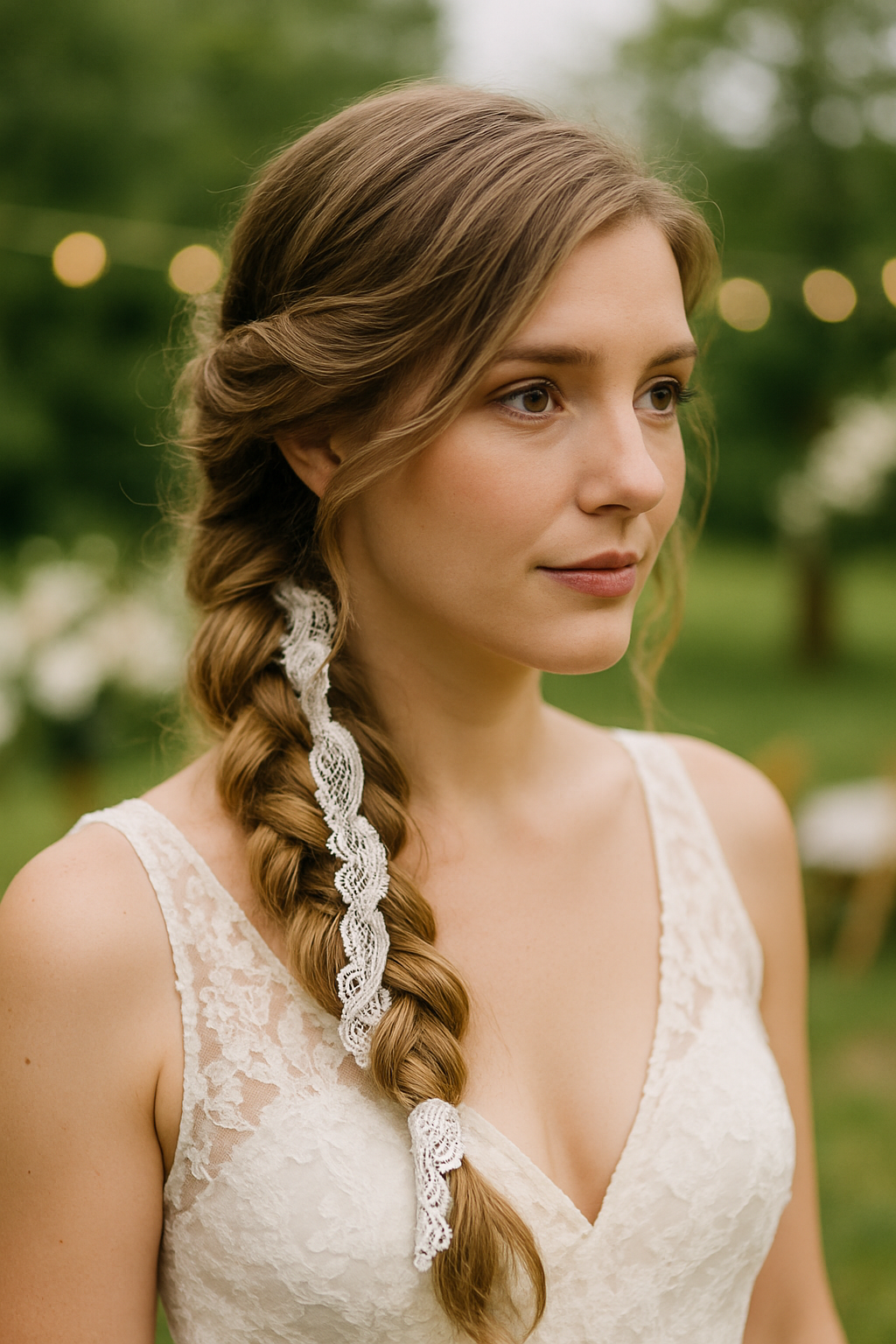 A bride with a casual side braid adorned with lace detail, wearing a lace wedding dress.